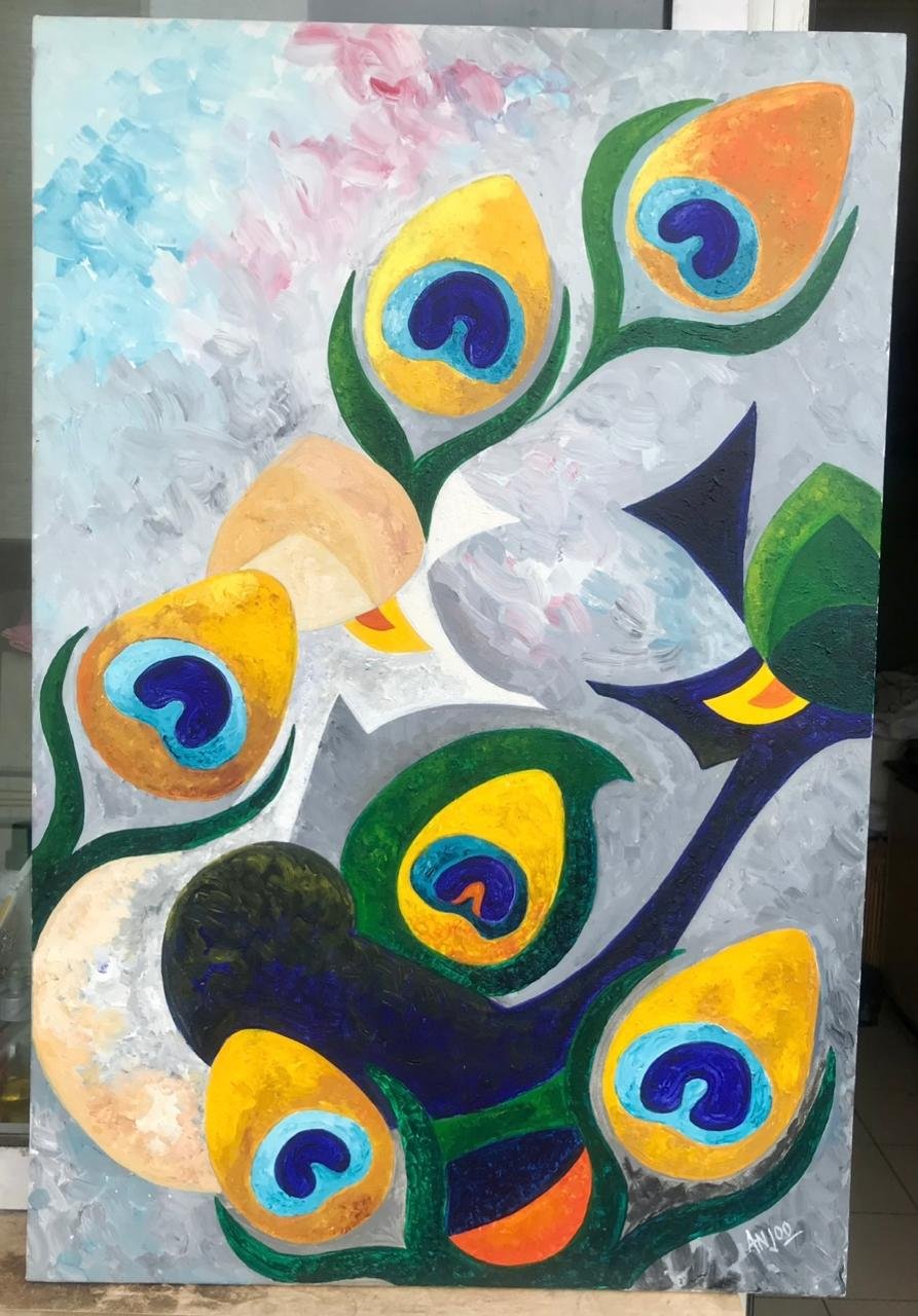 Relief portrait with vibrant geometric motifs