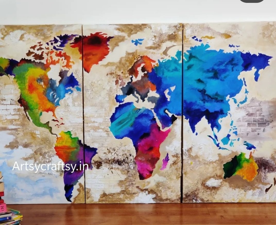 World map triptych full view