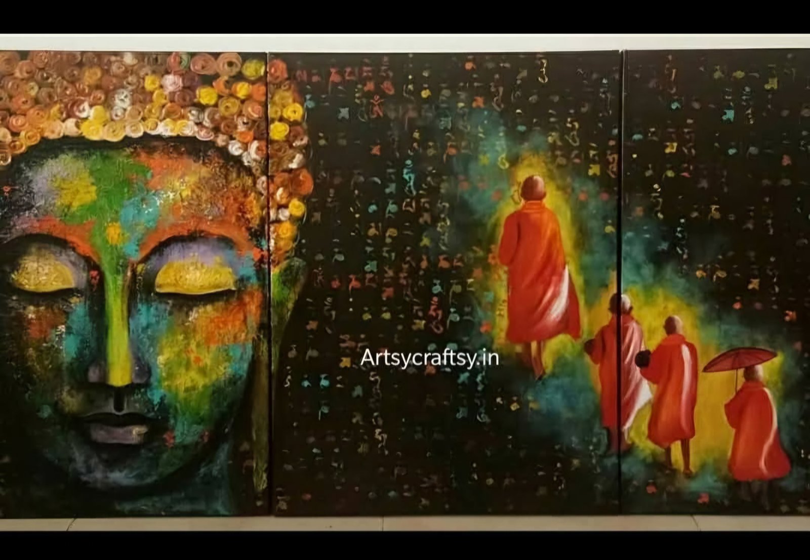 Buddha and monks on black background, triptych