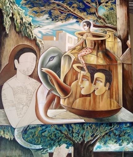Composition with jar, elephant and faces