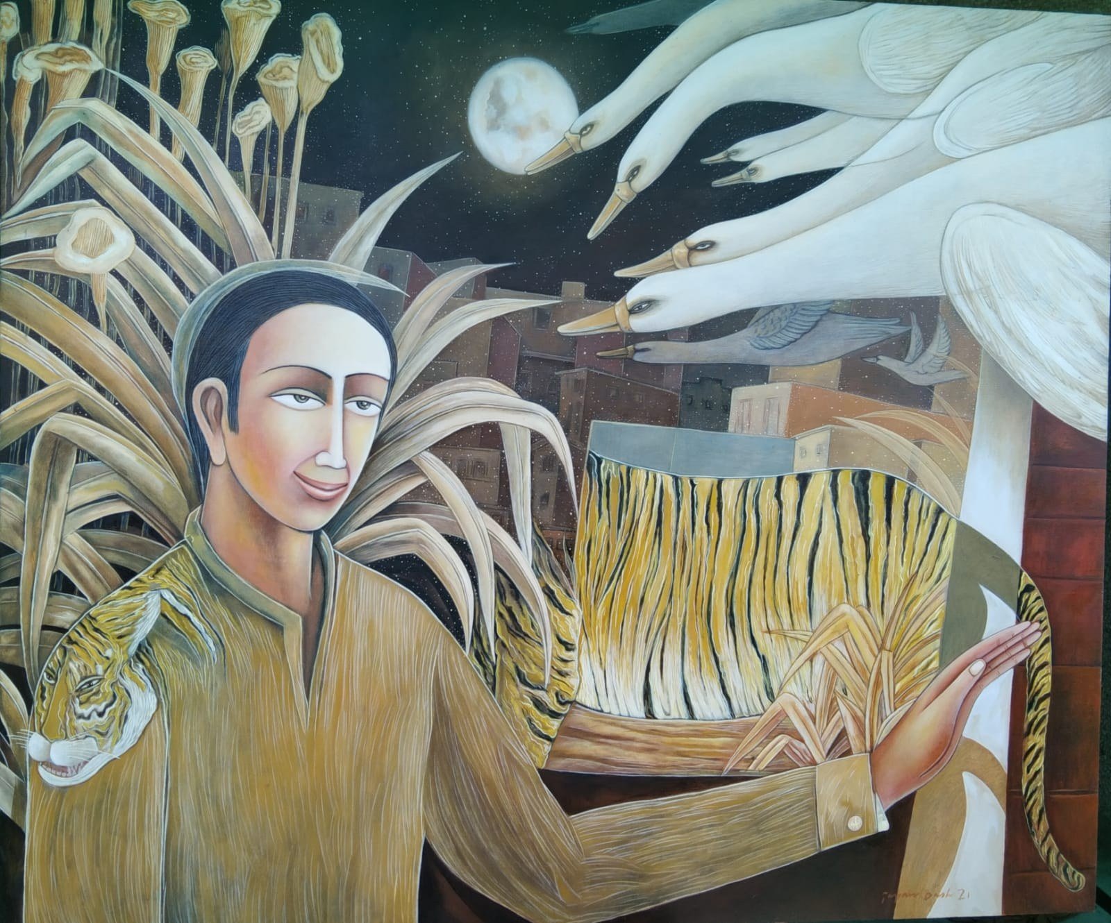 Night with swans and tiger motif